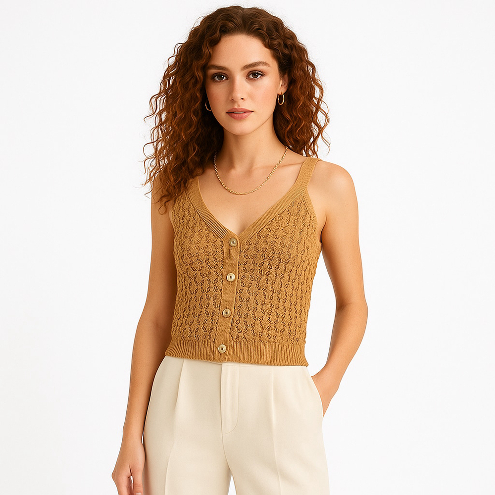 Lolita Honeycomb Knit Button Tank Top, Tan Beige, Size M